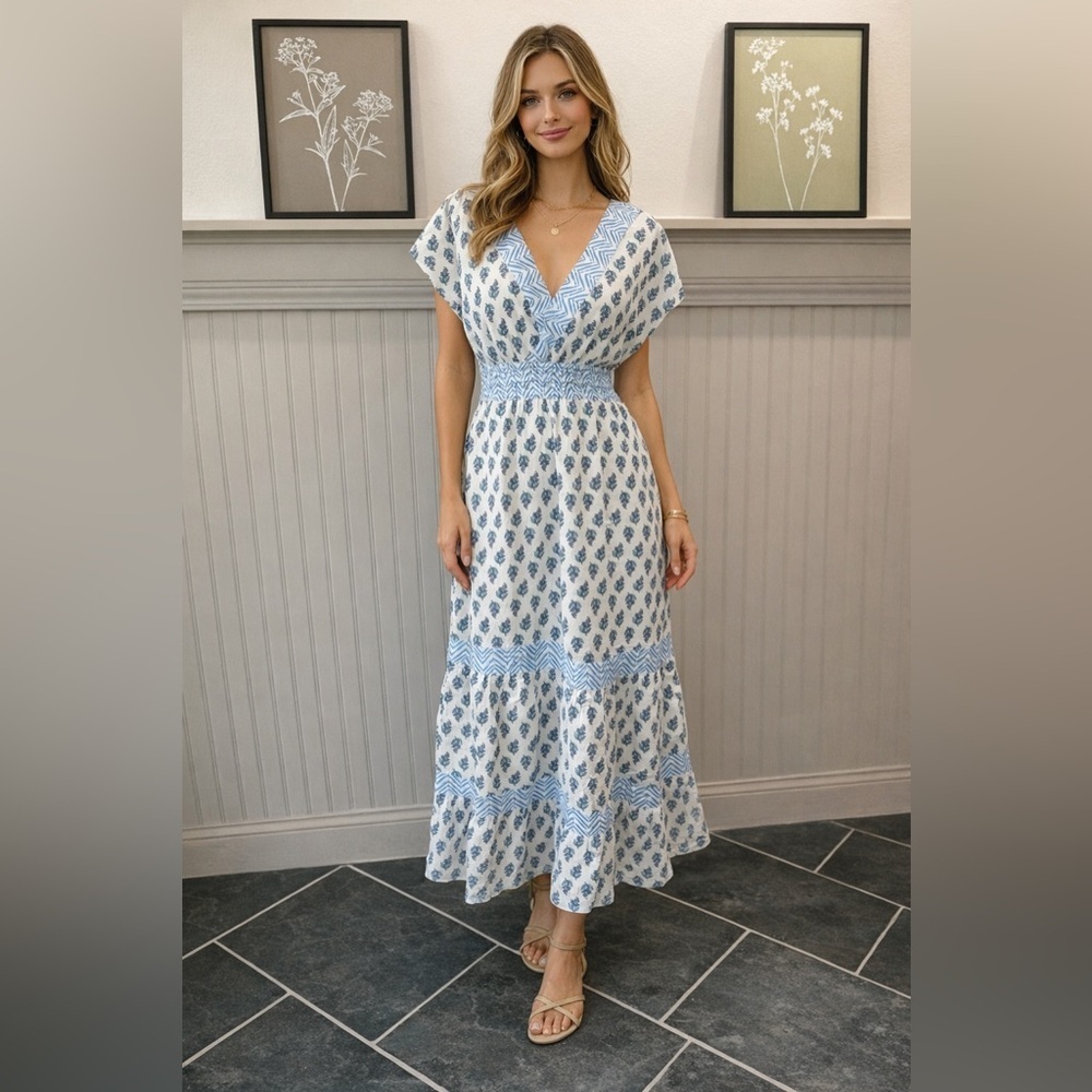 NWT Rachel Zoe Linen Blend Floral Maxi Dress Smocked Waist Blue White M